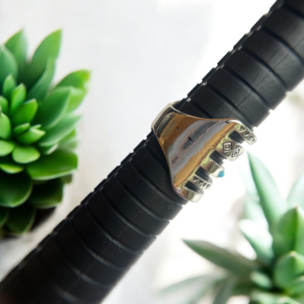 Vintage Wide Ring 925 Silver Plated Inlaid Turquoise Multi Layer Hollow Design - Picture 5 of 6